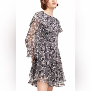 Rebecca Taylor Rochelle Fleur Ruffle Silk Long Sleeve Mini Dress Navy Blue Sz 2